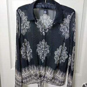 INC Damask Black Sheer Tie Front Top Large